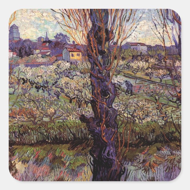 Orchard in Blossom, Arles by Vincent van Gogh Square Sticker (Front)