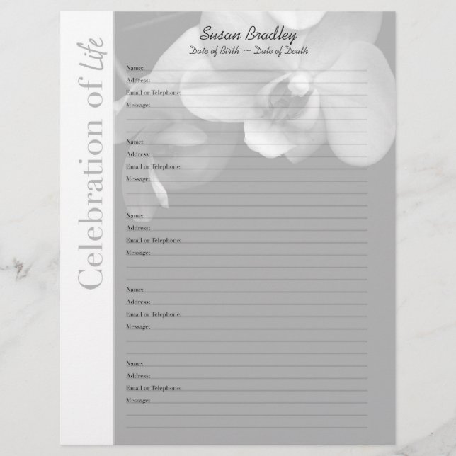 Orchid 1 Memorial Guest Book Custom Filler Pages (Front)
