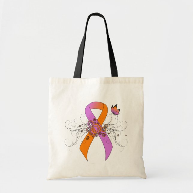 Orchid and Orange Awareness Ribbon with Butterfly Tote Bag (Front)
