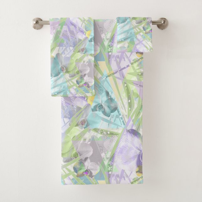 Orchid and palm leaves, tropical bath towel set (Insitu)