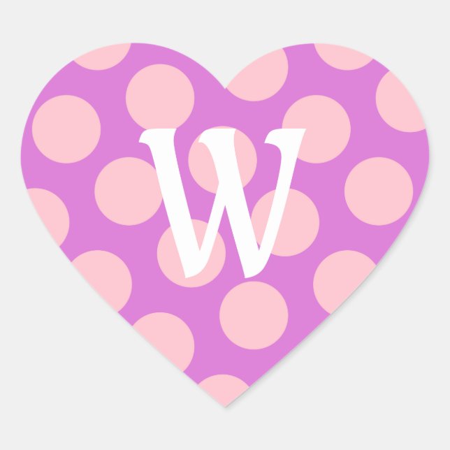 Orchid and Pink Polka Dots White Modern Monogram Heart Sticker (Front)