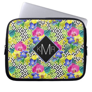 Orchid Begonia And Palm Leaves   Monogram Laptop Sleeve