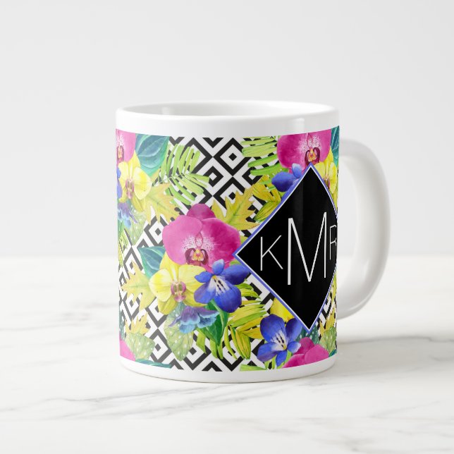 Orchid Begonia And Palm Leaves | Monogram Large Coffee Mug (Front Right)