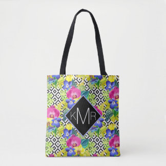 Orchid Begonia And Palm Leaves | Monogram Tote Bag