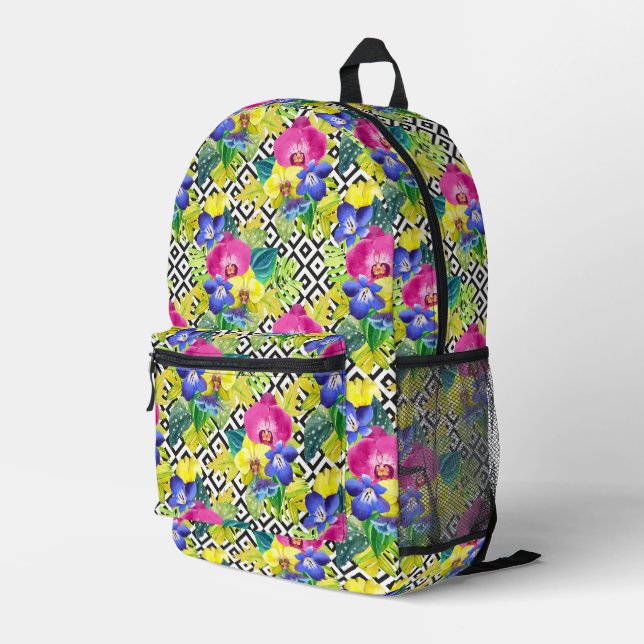 Orchid Begonia And Palm Leaves Printed Backpack (Back Corner Right)