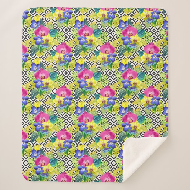 Orchid Begonia And Palm Leaves Sherpa Blanket (Front)