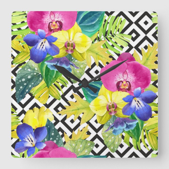 Orchid Begonia And Palm Leaves Square Wall Clock (Front)