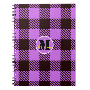 Orchid Black Plaid Tartan Monogram Script Name Notebook