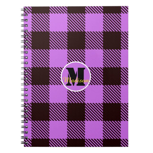 Orchid Black Plaid Tartan Monogram Script Name Notebook (Front)