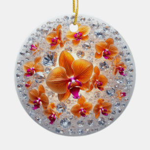 Orchid Blossoms Embedded in Crystals Ceramic Ornament