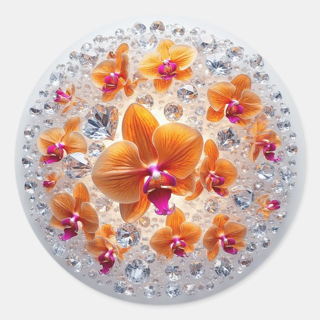 Orchid Blossoms Embedded in Crystals Classic Round Sticker (Front)
