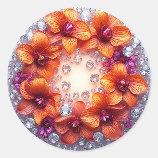 Orchid Blossoms Embedded in Crystals Classic Round Sticker (Front)