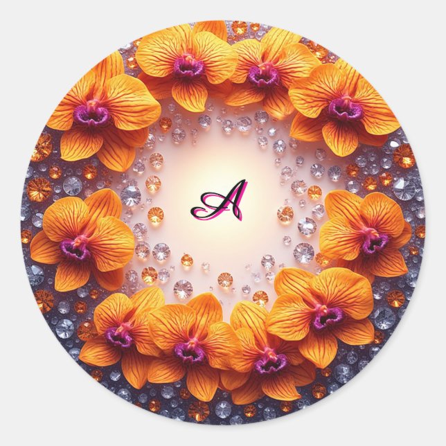 Orchid Blossoms Embedded in Crystals Classic Round Sticker (Front)