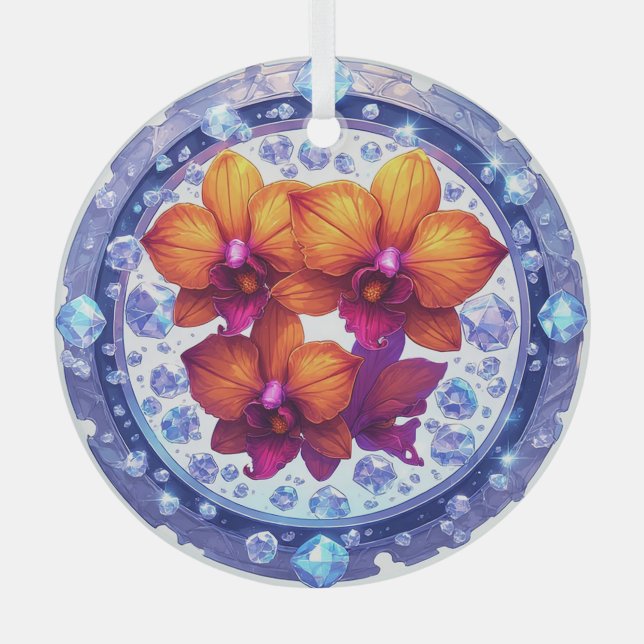 Orchid Blossoms Embedded in Crystals Glass Tree Decoration (Front)