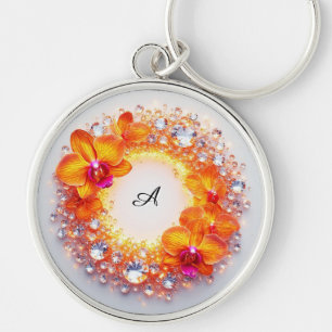 Orchid Blossoms Embedded in Crystals Key Ring