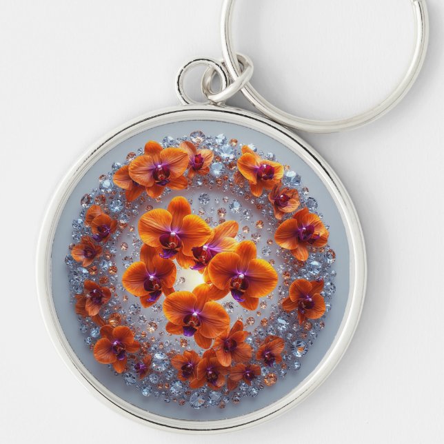 Orchid Blossoms Embedded in Crystals Key Ring (Front)
