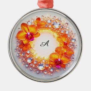 Orchid Blossoms Embedded in Crystals Metal Ornament