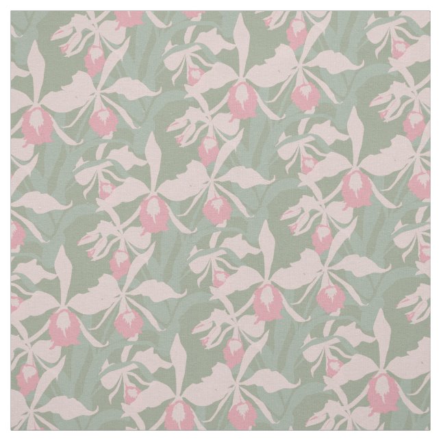 Orchid botanical graphic pink green repeat pattern fabric (Swatch)
