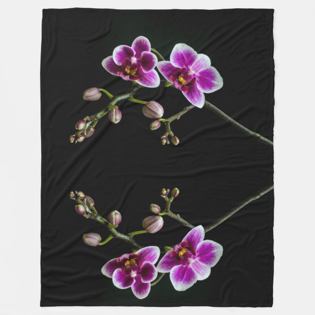 Orchid branch pink white colour on black pale fleece blanket (Front)