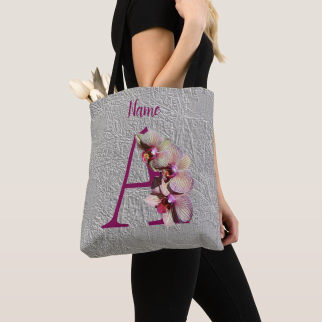 Orchid Elegant Monogram Initial A Personalised Tote Bag (Close Up)