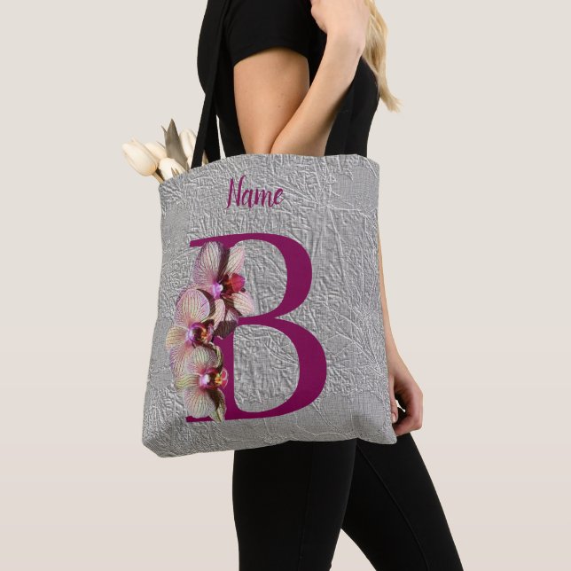 Orchid Elegant Monogram Initial B Personalised Tote Bag (Close Up)
