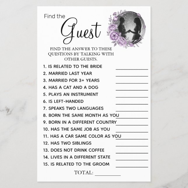 Orchid Find the Guest Bridal shower game card (Front)