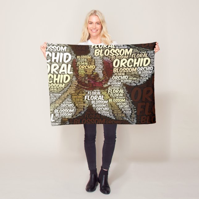 Orchid Floral Blossom Word Cloud Over Burgundy Fleece Blanket (In Situ)