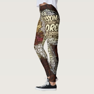 Orchid Floral Blossom Word Cloud Over Burgundy Leggings