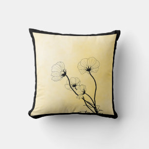 orchid floral line art on yellow cushion