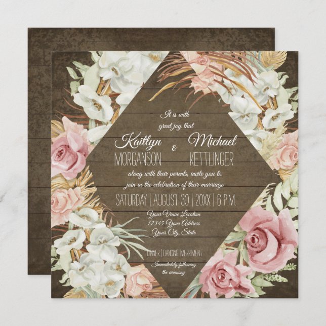 Orchid Floral Pampas Palm Leaf Foliage Rustic Wood Invitation (Front/Back)