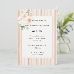 Orchid Floral Peach Stripes Birthday Invitation