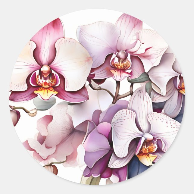 Orchid Floral Soft Watercolor Classic Round Sticker (Front)