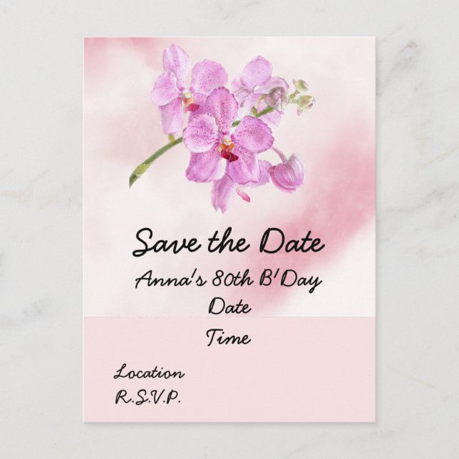 Orchid flower 80th Birthday Save the Date Postcard (Front)