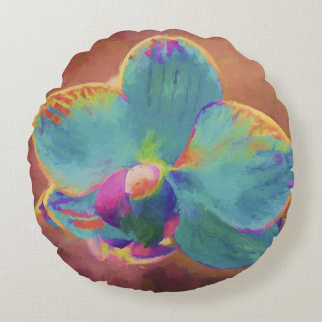 Orchid flower painting blue brown round cushion (Front)