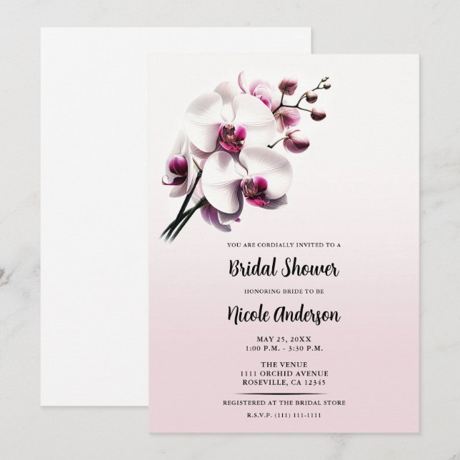 Orchid Flower Pink & White Bridal Shower Invitation (Front/Back)