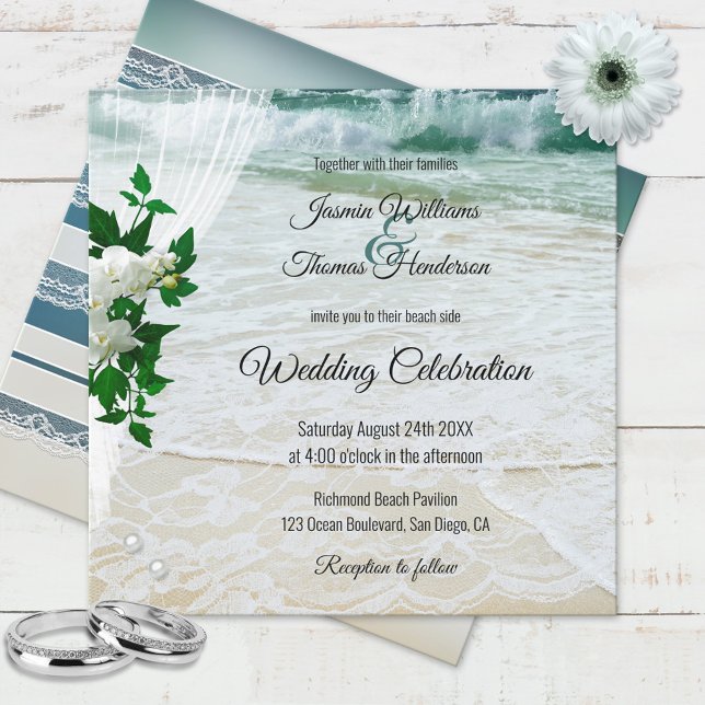 Orchid Flowers Beach with Lace Destination Wedding Invitation (Creator Uploaded)
