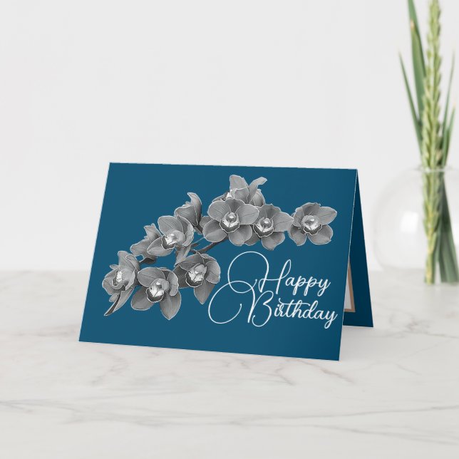 Orchid Flowers Blue Colour Background Birthday Card (Front)