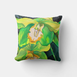 Orchid flowers green and yellow art cushion