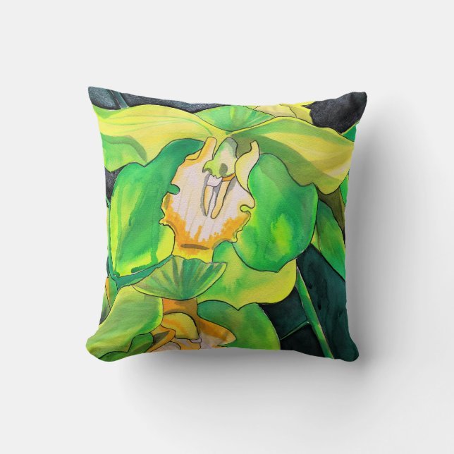 Orchid flowers green and yellow art cushion (Front)