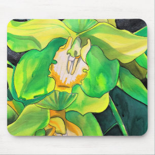 Orchid flowers green and yellow art mouse pad