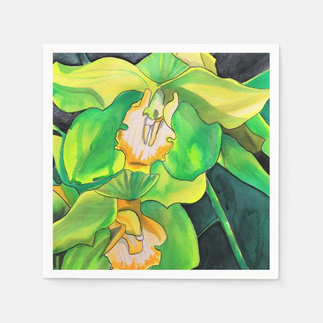Orchid flowers green and yellow art napkin (Front)