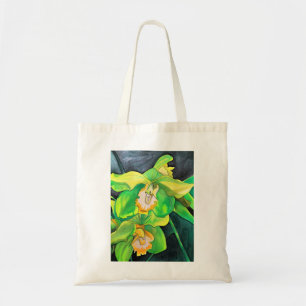 Orchid flowers green and yellow art tote bag
