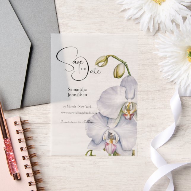 Orchid flowers white petals save the date vellum invitations (Wedding)