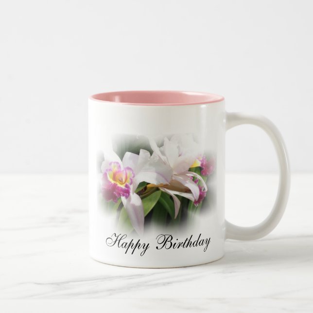 "Orchid Happy Birthday Mug" Two-Tone Coffee Mug (Right)