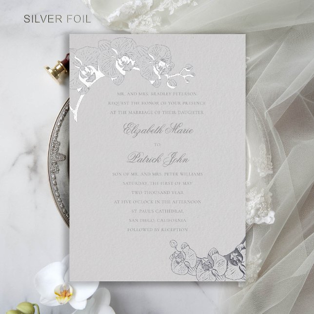 Orchid Heirloom Ivory Classic Formal Wedding (orchid wedding invitation formal traditional classic parents ivory faux embossed art sketch silver)