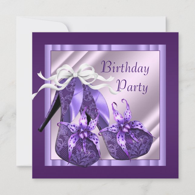 Orchid High Heel Shoes Womans Purple Birthday Invitation (Front)