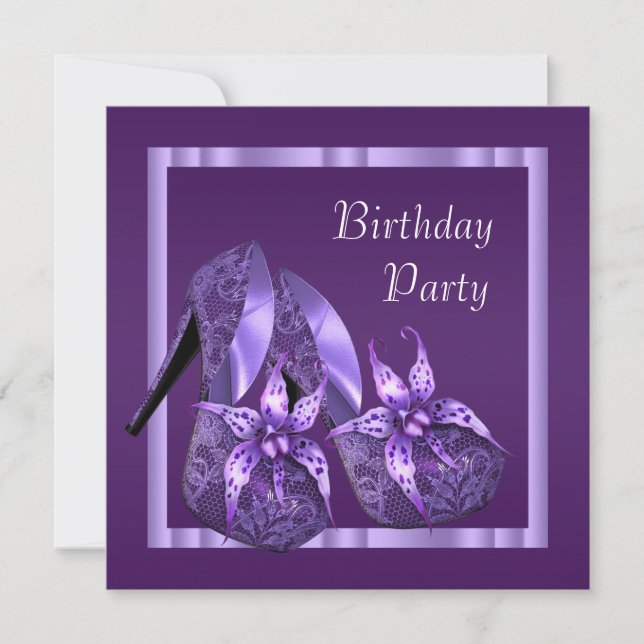 Orchid High Heel Shoes Womans Purple Birthday Invitation (Front)
