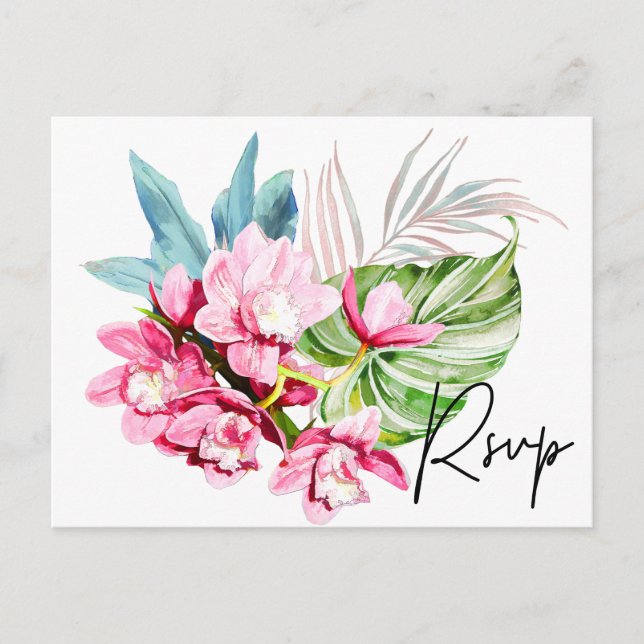 Orchid Isle, Pink Palm RSVP w/Meal Choice Invitation Postcard (Front)