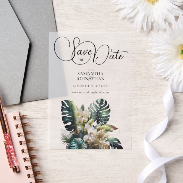 Orchid jungle foliage tropical woodland save date vellum invitations (Wedding)