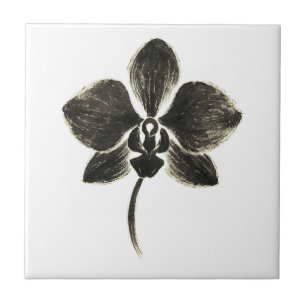 Orchid Line Drawing – Ink Floral Design on Ceramic Tile